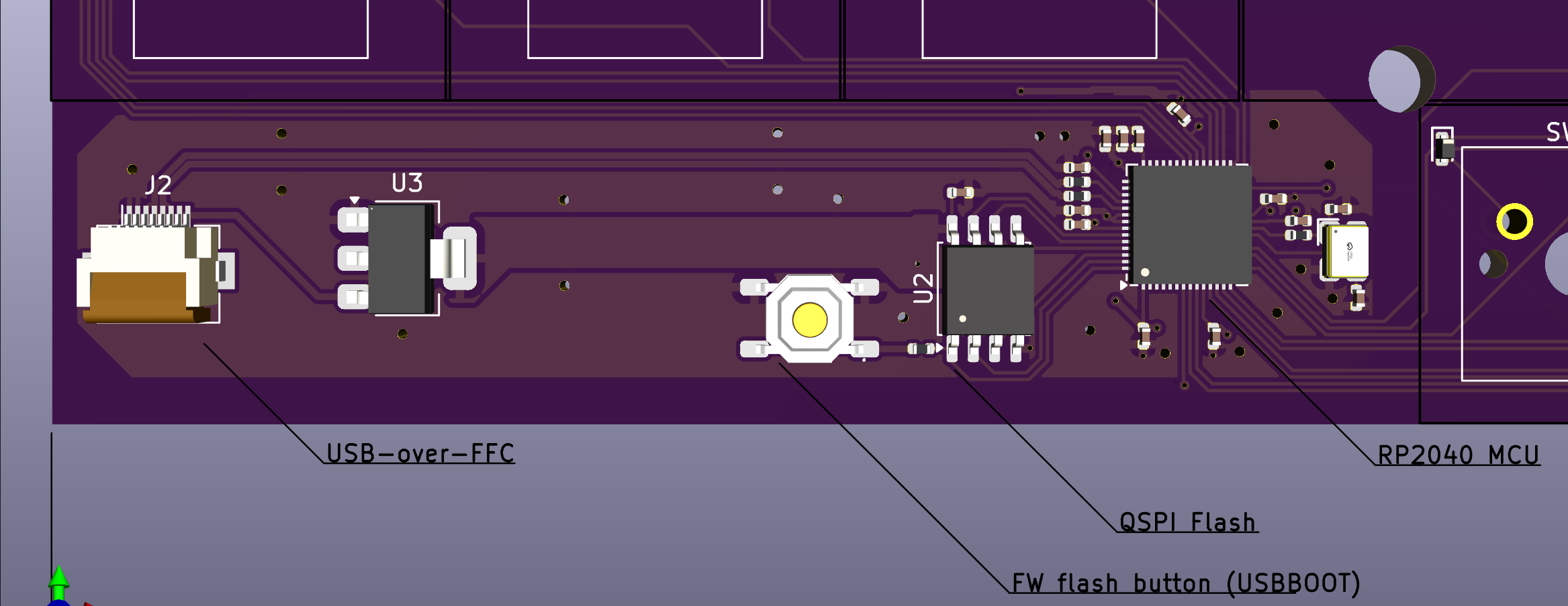 Image depicting a corner of the board populated by SMD components. From left to right: 8 pin Hirose FFC connector labeled "FFC-over-USB", AMS11173v3 Low Dropout regulator, tactile pushbutton labeled "FW flash button (USBBOOT), 8-pin TSOP package labelled "QSPI Flash", 56-pin LQFP package labelled "RP2040 MCU", tiny unlabelled crystal oscillator 12MHz. Diodes and resistors omitted