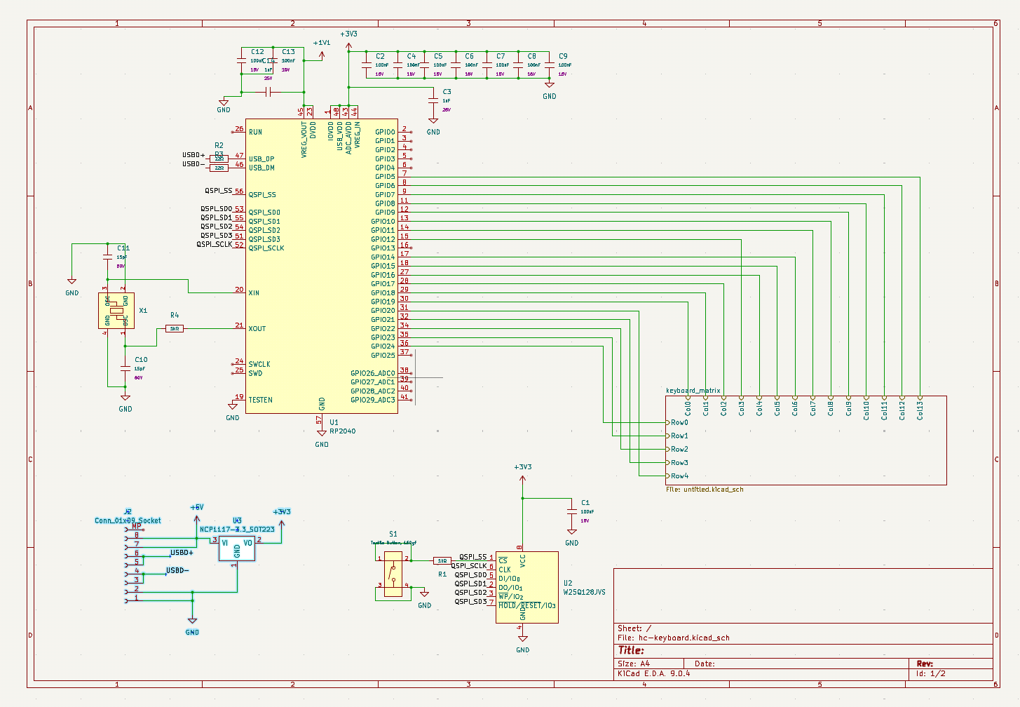 KiCad Schematic detailing the connections between the RP2040 MCU, its accessory components, and the keymatrix aboxe