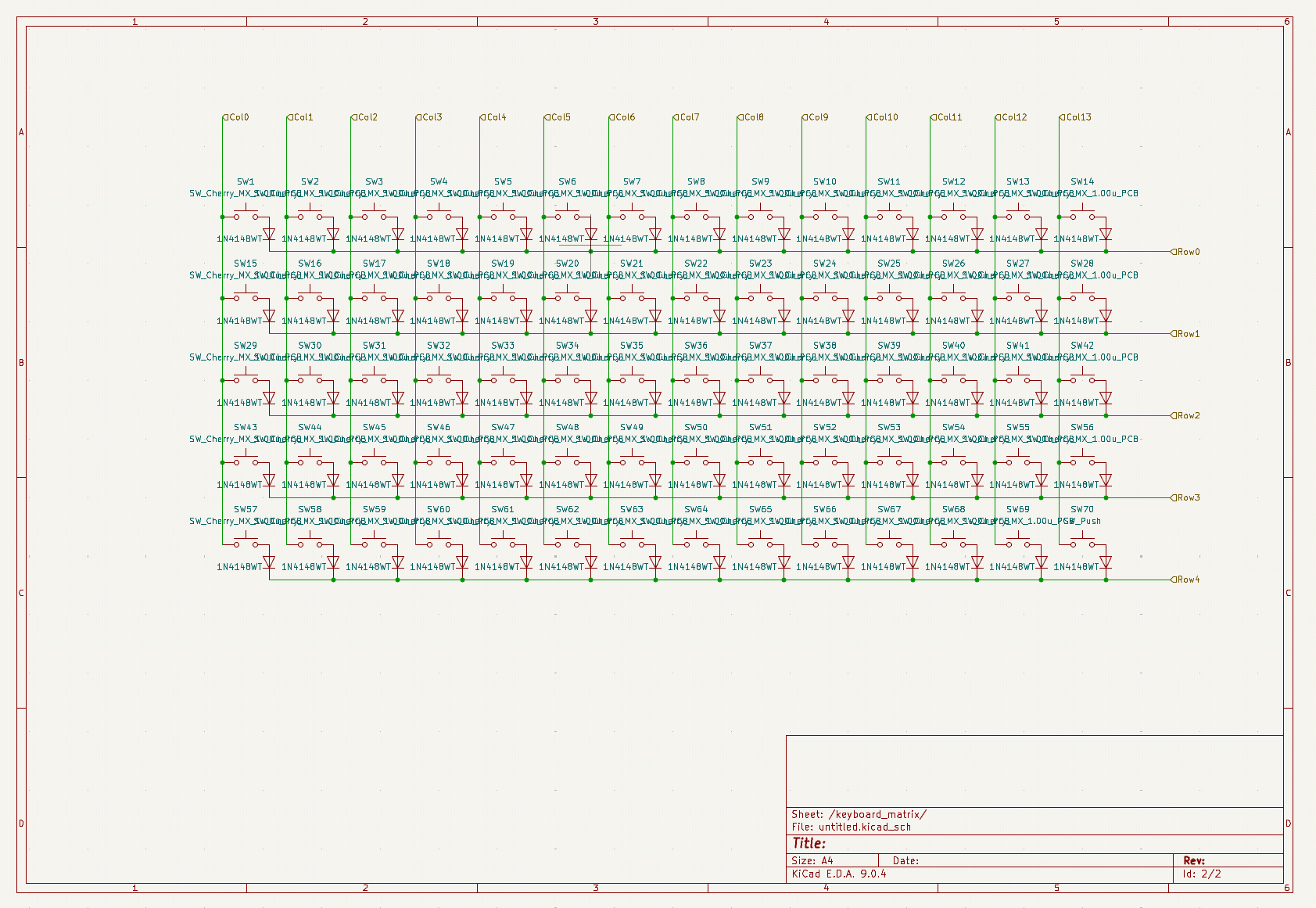 Pretty standard 14 columns (labelled 0-13) by 5 rows (labelled 0-4) keyboard matrix. The switches are labelled SW1-SW70 and each of them as a diode to make NKRO and anti-ghosting possible. The schematic is a hierarchical sub-sheet in KiCad and the column/row labels are Hierarchical pins that will be exposed in the root schematic