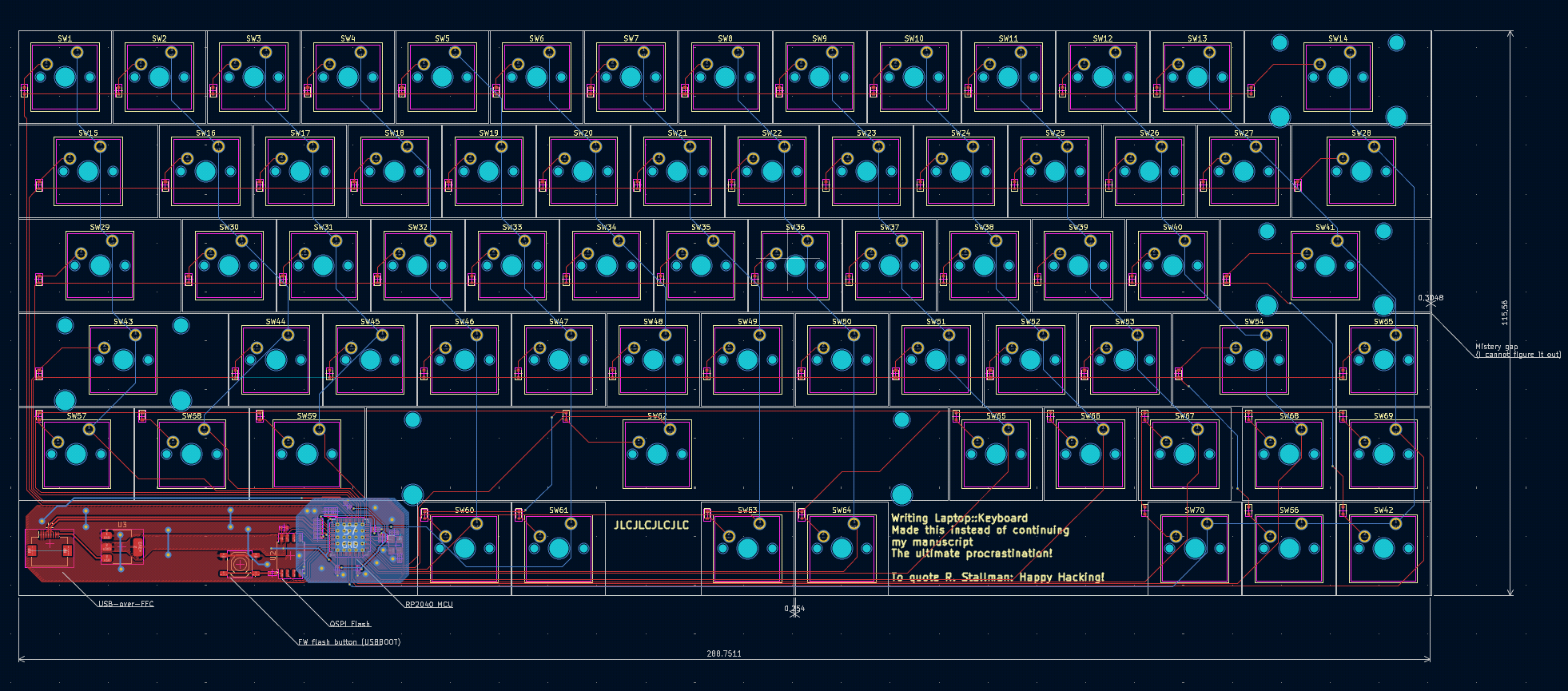 Full PCB layout as a screenshot taken from KiCad featuring a standard ANSI layout keyboard with an extra row as described below. Includes measurements that will be detailed below and functional labels all of which are described in the next alt-text except for the one saying "Mistery Gap (I cannot figure it out), which points to a 0.3 mm gap between they board edge and the rightmost key edge. The gap is present on rows 2,3,4,5 but not on 0,1