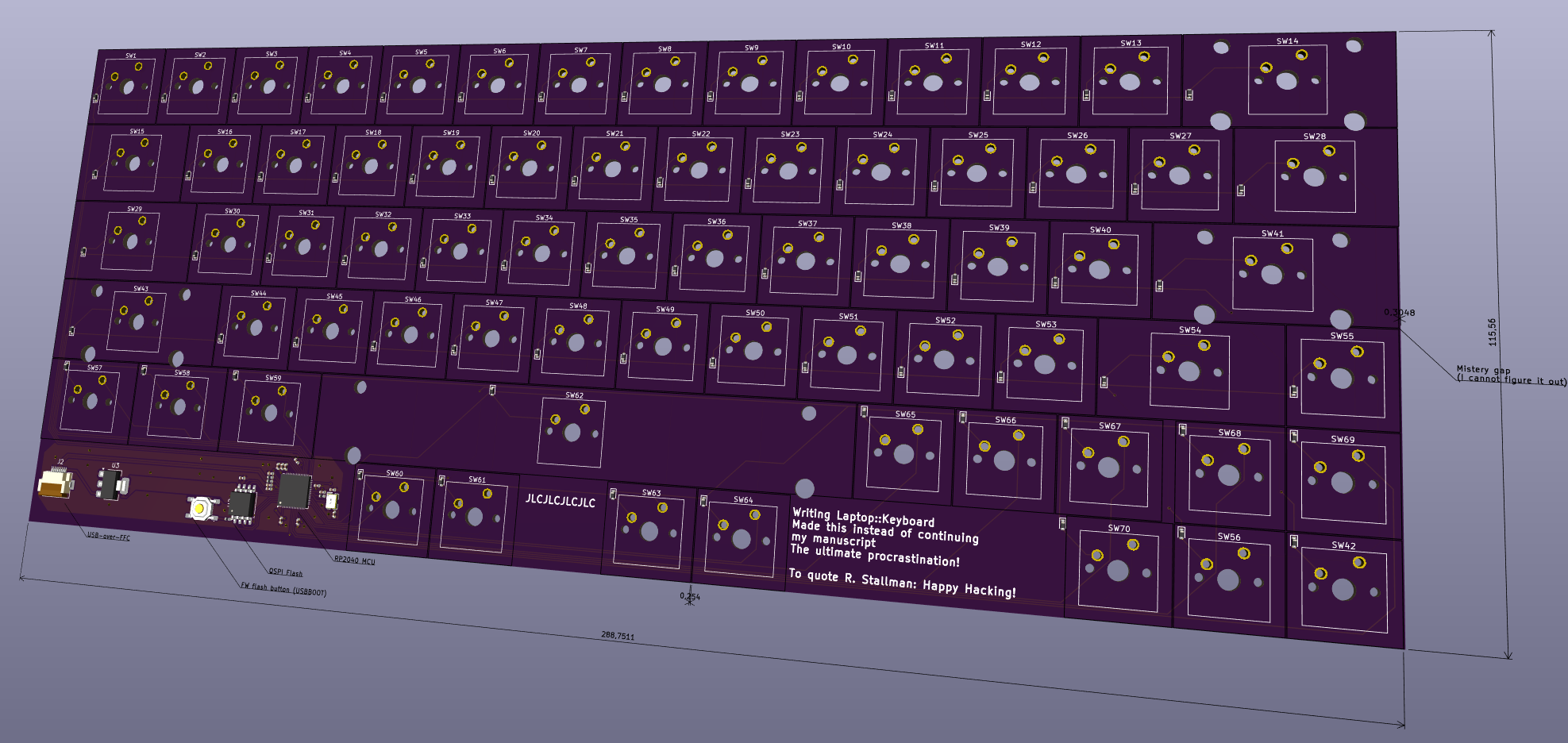 Detailing the flavor text between the rightmost thumb-key and the leftmost arrow key. The text reads (| means line break): "Writing Laptop::Keyboard | Made this instead of continuing my manuscript | The ultimate procrastination! | | To quote R. Stallman: Happy Hacking!" 